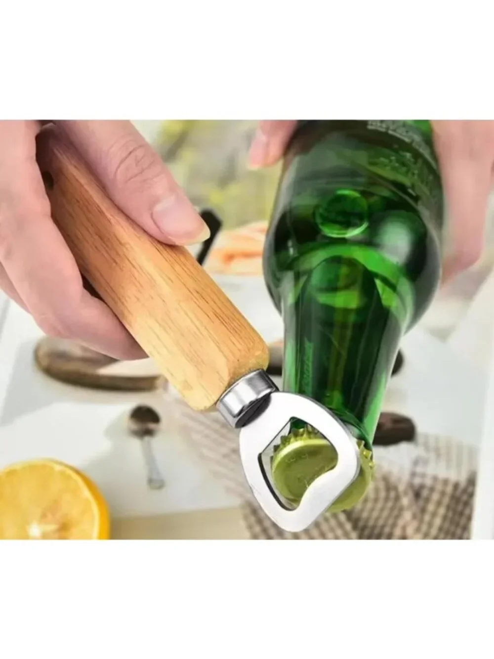 5PCS Wood Grip Beer Bottle Opener Stainless Steel Wall Mount Cap Remover
